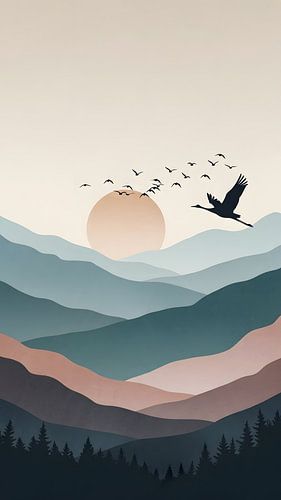 Minimalistische bergzonsondergang met vliegende vogels en pijnbomen