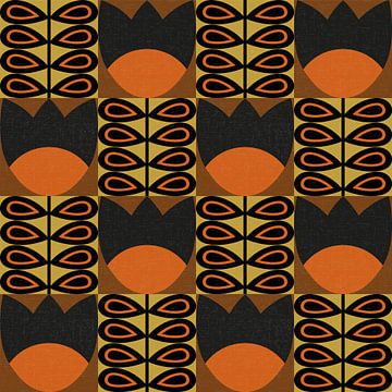 Retro jaren 70 vintage geïnspireerd patroon met gestileerde bloemen en bladeren in bruin, oranje, ge van Dina Dankers