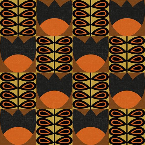 Retro jaren 70 vintage geïnspireerd patroon met gestileerde bloemen en bladeren in bruin, oranje, ge