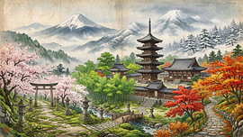 Four Seasons Japanese Temple Landscape by my pixel art