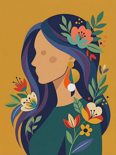 Abstract profiel van een vrouw met bloemmotieven