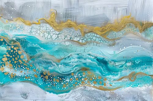 Turquoise Abstract Schilderij - Goudaccenten en Oceaan Textuur