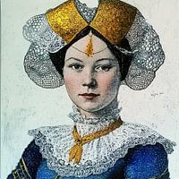 Vrouwenportret in blauw, wit en goud