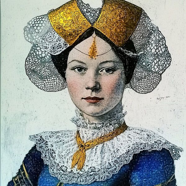 Female portrait in blue and white by Vlindertuin-Art