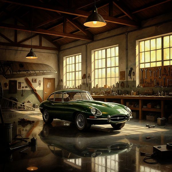 Jaguar Typ E in rustikaler Werkstatt-Szene von Jan Keteleer