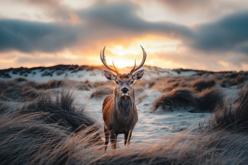 Portrait d'un cerf dans les dunes des Pays-Bas par Digitale Schilderijen