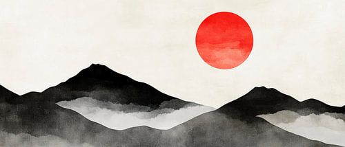 Soleil rouge sur la silhouette des montagnes