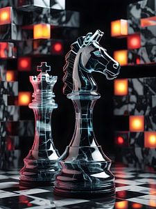 Pièces d'échecs en verre dans une composition futuriste