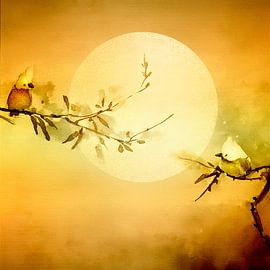 Japandi stijl schilderij: Vogeltjes op een tak. Ondergaande zon.