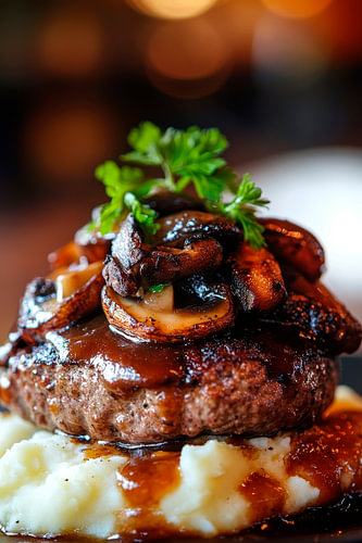 Sappige hamburger met champignonsaus en puree