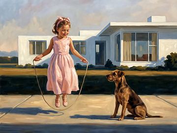 Peinture représentant une fillette sautant à la corde, intitulée « Bonheur enfantin » sur Jan Keteleer