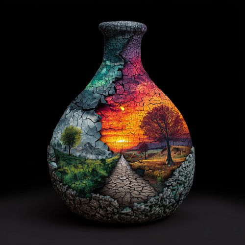 Farbenfrohe Landschaft und Sonnenuntergang in einer Vase
