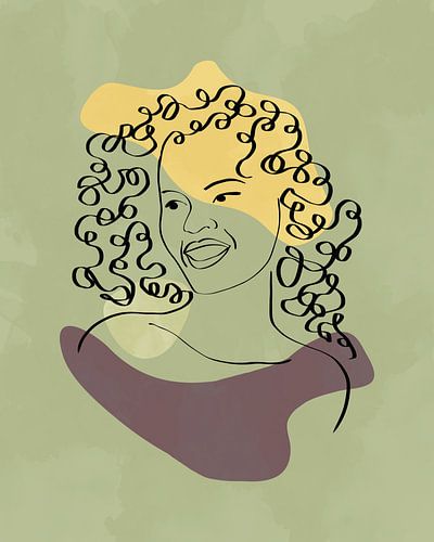 Minimalistische lijntekening van een vrouw met krullen met drie organische vormen