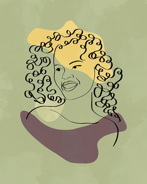 Minimalist line drawing of a woman with curls with three organic forms by Tanja Udelhofen