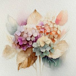 Hortensien's: Herbstfarben in Aquarell -2 von Studio Pieternel