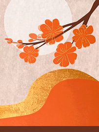Japandi Art: Japanische Blüten in warmen Orange- und Goldtönen von Studio Pieternel