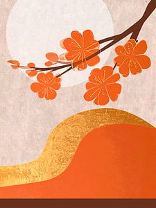 Japandi Art: Japanische Blüten in warmen Orange- und Goldtönen