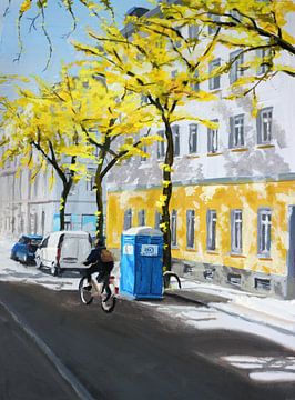 Schilderij stad in de lente
