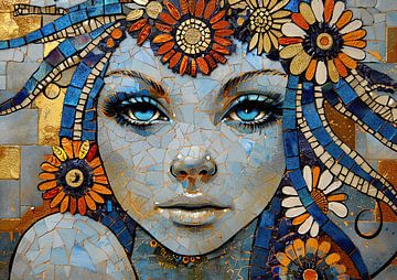 Vrouw Mozaïek Goud | Cobalt Bloom Mystique van Kunst Kriebels