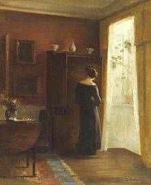 Interior with young girl standing at the window, Carl Holsøe