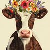 Vache avec une couronne de fleurs dans un portrait coloré sur But First Framing