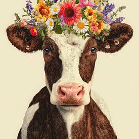 Vache avec une couronne de fleurs dans un portrait coloré sur But First Framing