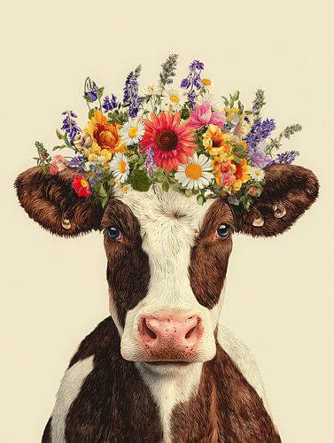Vache avec une couronne de fleurs dans un portrait coloré