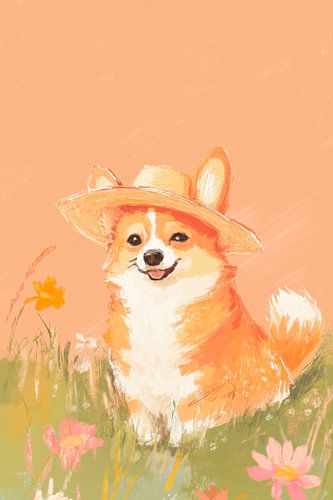 Schattige corgi met zonnehoed