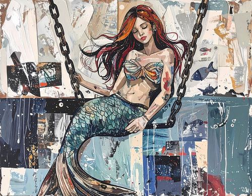 Digitaal kunstwerk - zeemeermin met ketting en anker