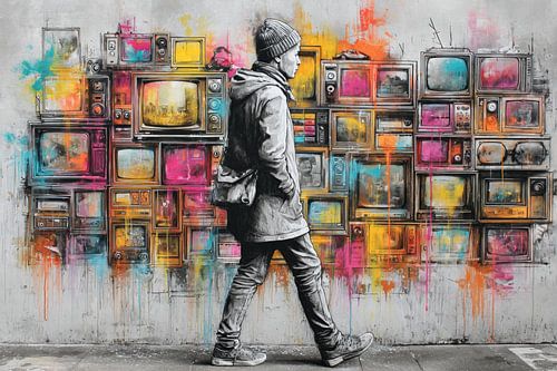 Man langs muur van tv-schermen - Kleurrijke street art