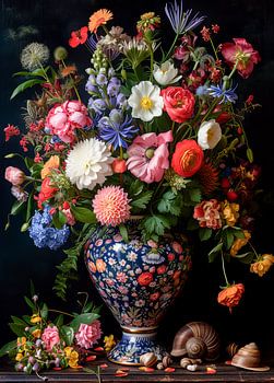 Stilleven met bloemen en schelpen