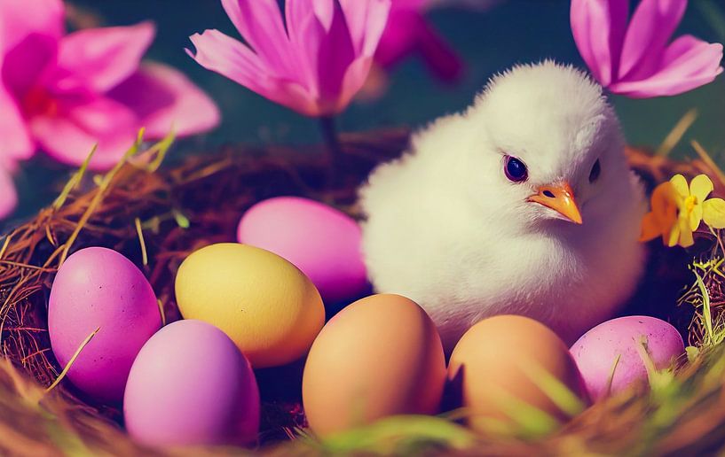 Ostereier im Nest mit Küken, generative AI Art Illustration von Animaflora PicsStock