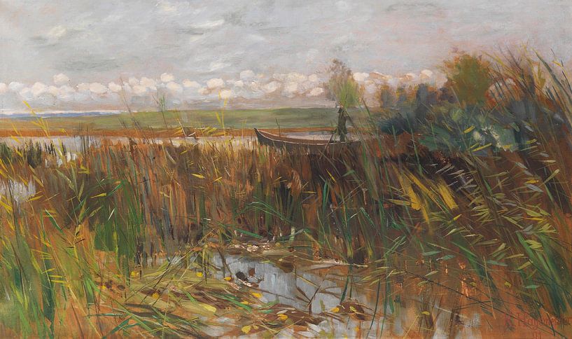 Märkische lake landscape with duck hunter standing in barge, Karl Hagemeister by Masterful Masters