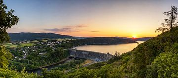 Panorama Edersee dam and village at sunset
