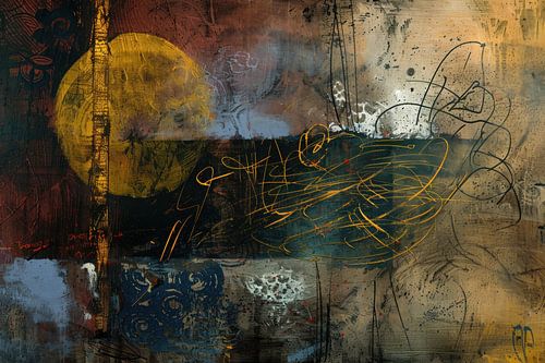 Abstract Schilderij - Blauw Goud Mysterieus en Expressief