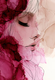 Portrait romantique d'une femme à l'aquarelle rose sur SPEQ ART