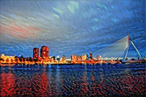Atmosphärische Malerei Kai Rotterdam mit Erasmusbrücke