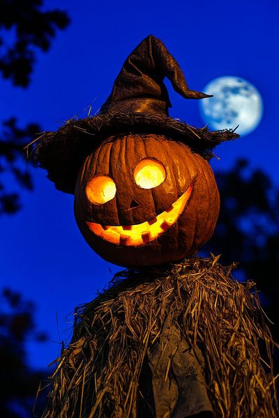 Smiling pumpkin lantern under a full moon by Poster Art Shop