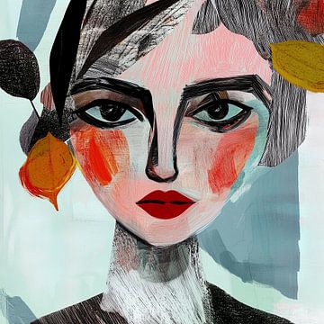 Fragmenten; portret van een vrouw, zwarte lijnen, kleurrijk en bladeren. Blauw, rood, oranje, groen, zwartwit van Bianca ter Riet