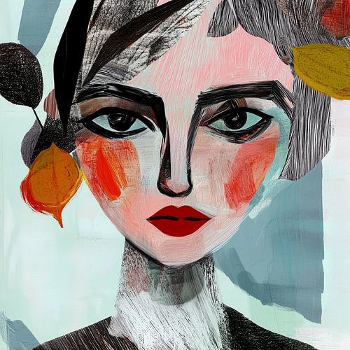 Fragmente; Porträt einer Frau, schwarze Linien, bunte und Blätter. Blau, rot, orange, grün, schwarz und weiß