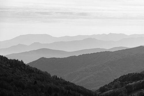 Nevelachtig landschap met heuvelruggen in de Ardèche (zwart-wit)