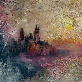 Painting of a castle, Colourful, magical and abstract by Peter Pen Drawings and Paintings