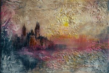 Painting of a castle, Colourful, magical and abstract by Peter Pen Drawings and Paintings