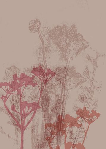 Abstracte botanische kunst. Bloemen in lichtbruin, donkerroze en terra.