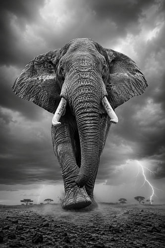 Thunder of the Wild – Décoration murale « Éléphant noir et blanc » – Éléphant majestueux avec un éclair – Œuvre d'art animalière spectaculaire – Décoration murale safari de luxe