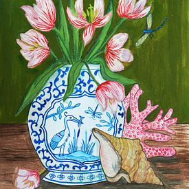 Tulpen in Delfter Blau Vase von Anita Letuve
