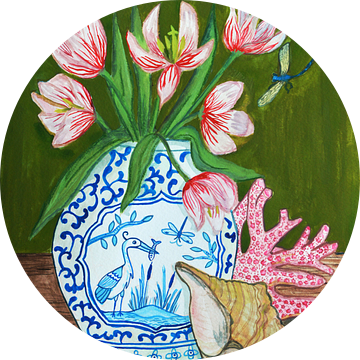 Vrolijke Tulpen in Delfts Blauwe Vaas van Anita Letuve