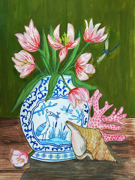 Tulips in Delft Blue Vase by Anita Letuve