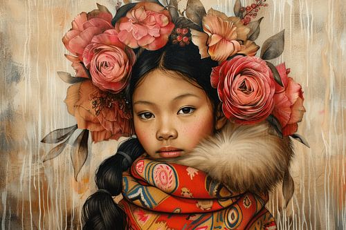 Portrait d'une jeune fille avec des vêtements colorés et des fleurs dans les cheveux