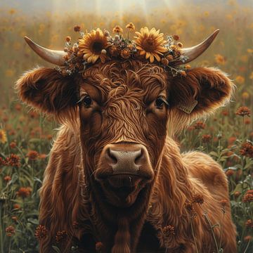 Koeienportret met zonnebloemkrans voor rustieke gezelligheid van Felix Brönnimann